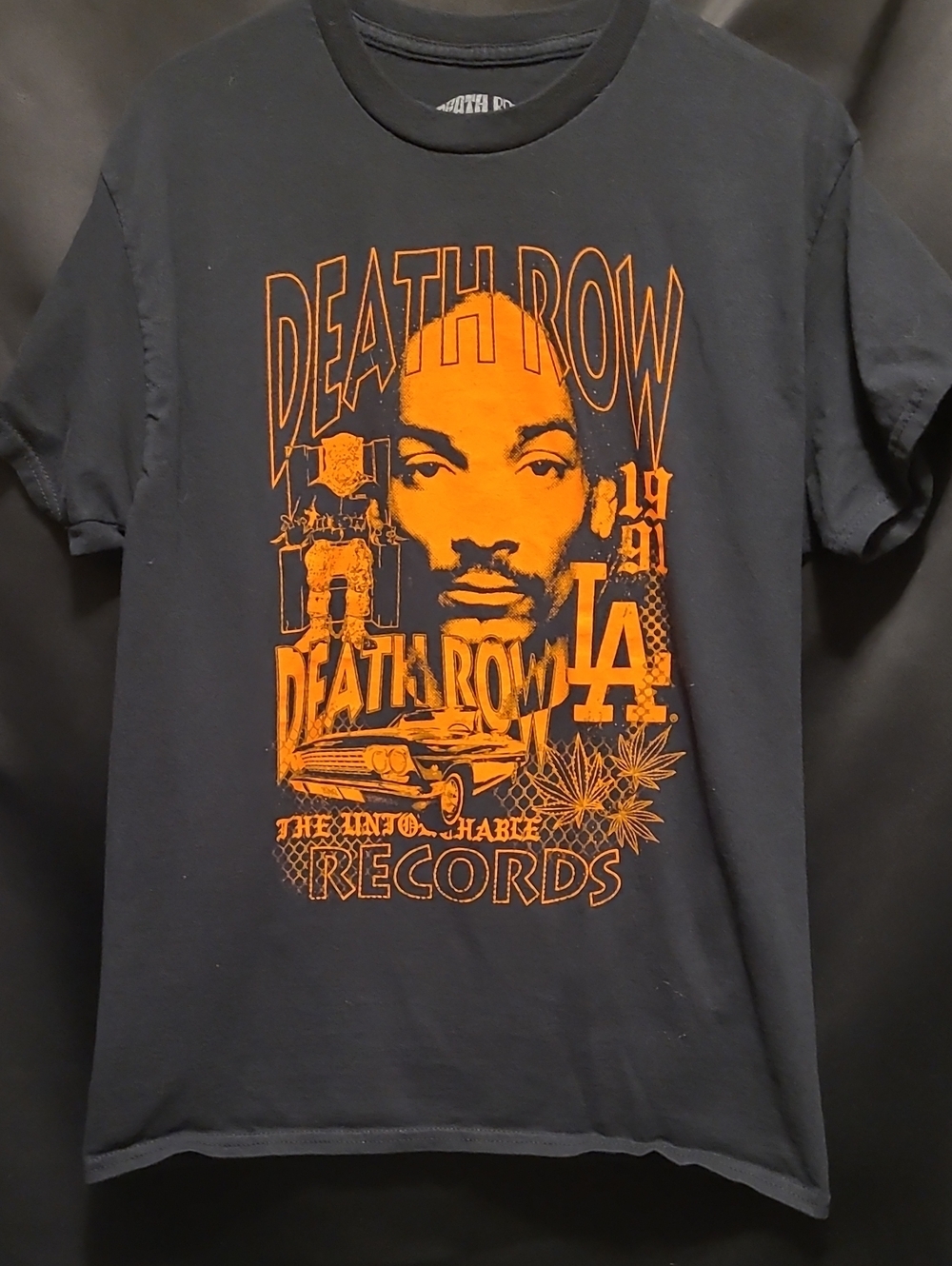 Death Row LA Collage Snoop Dog Records Black Graphic Tee with Orange Print